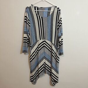 Chicos 3 Trapeze Dress Blue White Stripe Long Sleeve Rayon Stretch Womens L